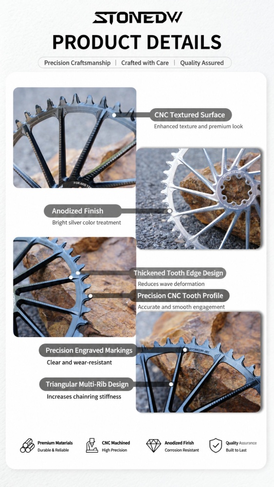 STONE SRAM 8-Bolt Direct Mount Round Narrow Wide Chainring 38T–58T, 4mm Offset, AXS / Non-AXS Tooth Profile flattop
