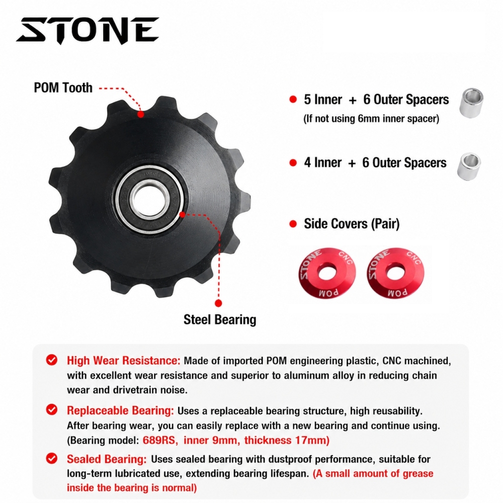 STONE Solid Pulley Wheel 11T 13T 15T 17T CNC POM Bearing Bicycle Rear Derailleur Jockey Wheel MTB Road Bike 8 9 10 11 12 Speed for Shimano Sram