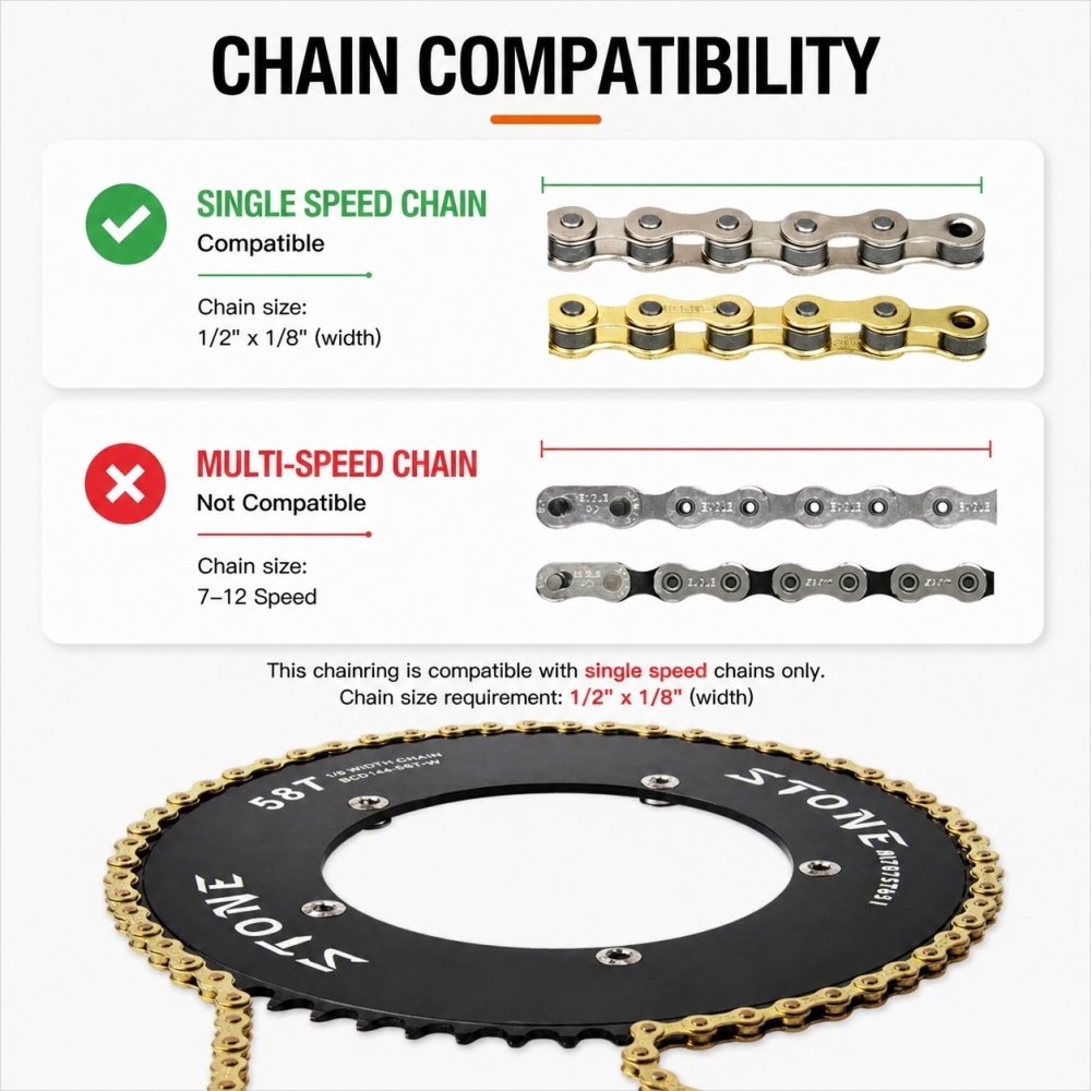 Stone 144BCD Round Chainring 42T-70T for Fixed Gear Track Bike Fixie Single Speed Bicycle 5-Bolt 1/2" x 1/8" Chain 7075 Aluminum Chainwheel