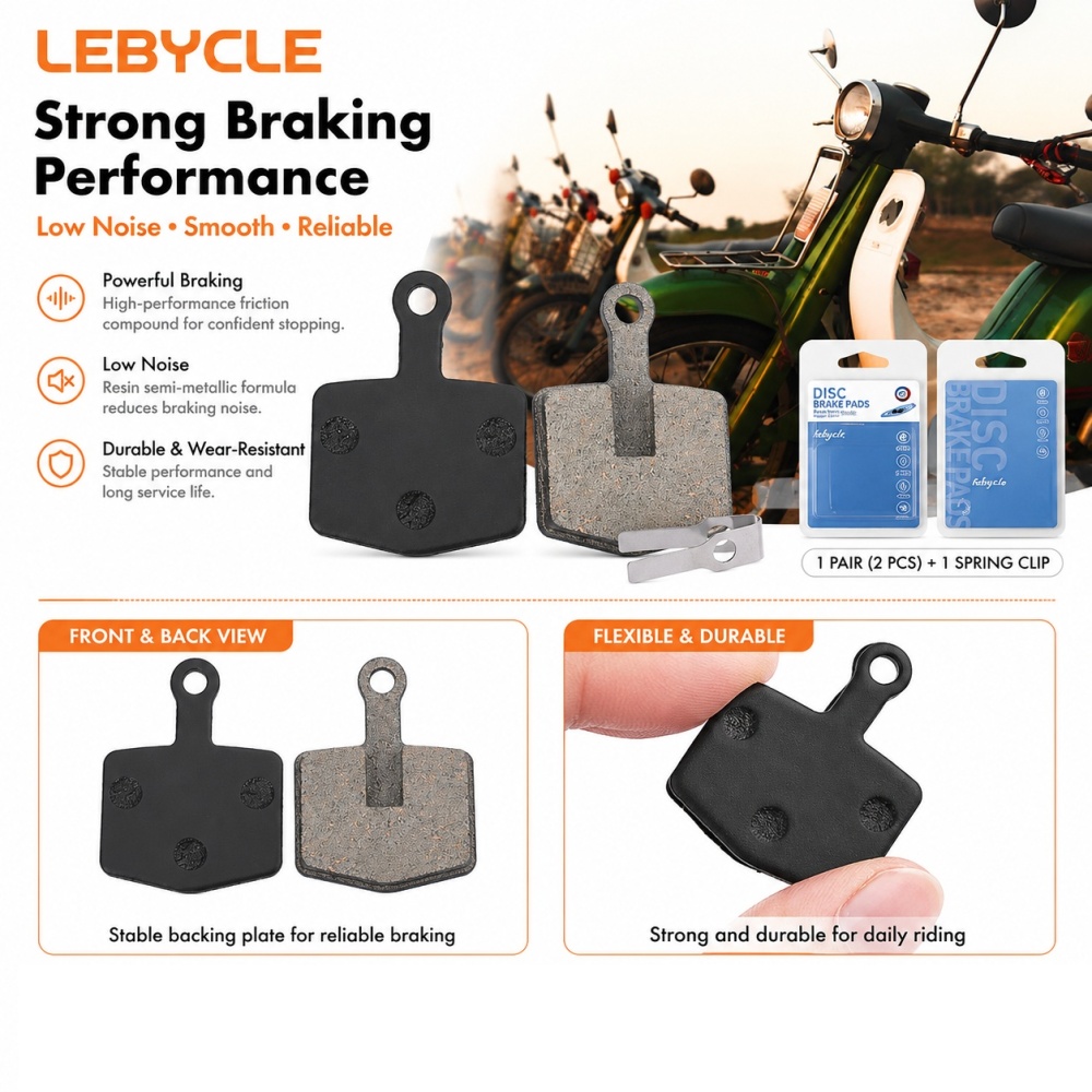 LEBYCLE Electric Bike E-Bike Disc Brake Pads Resin Semi-Metallic Bicycle Brake Pads Suitable For Premium Electric Vehicle 26 x 32.5mm with Spring Clip