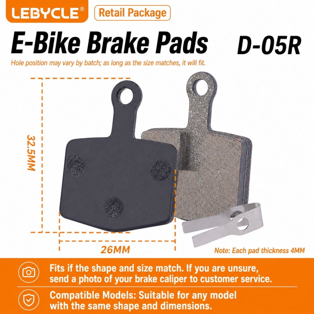 LEBYCLE Electric Bike E-Bike Disc Brake Pads Resin Semi-Metallic Bicycle Brake Pads Suitable For Premium Electric Vehicle 26 x 32.5mm with Spring Clip