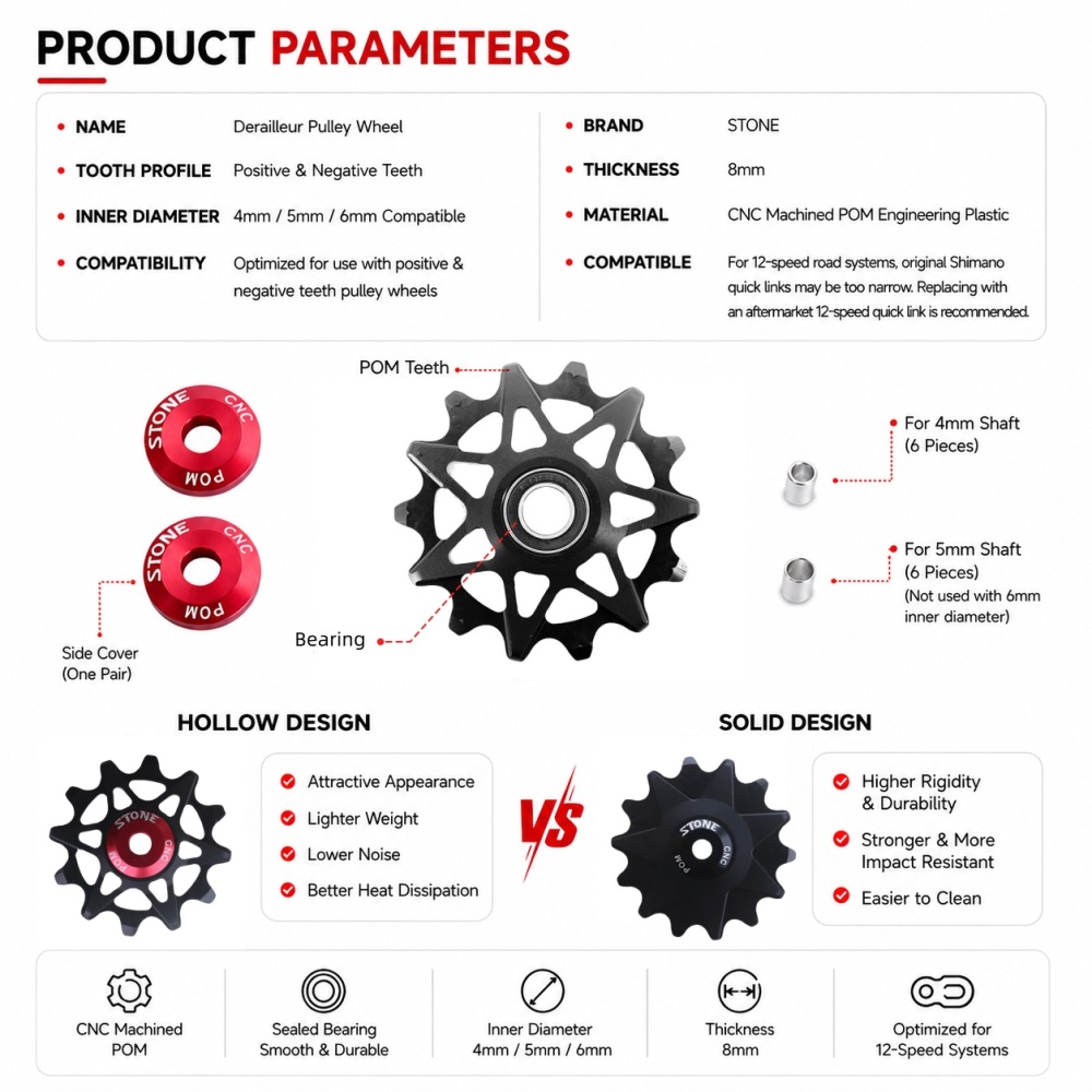 Stone Narrow Wide 12 Speed Pulley Wheel Gear Guide Roller Jockey 10t 12t 14t 16t High Strength Resin Smooth Bearing Solid Aero 9-12s