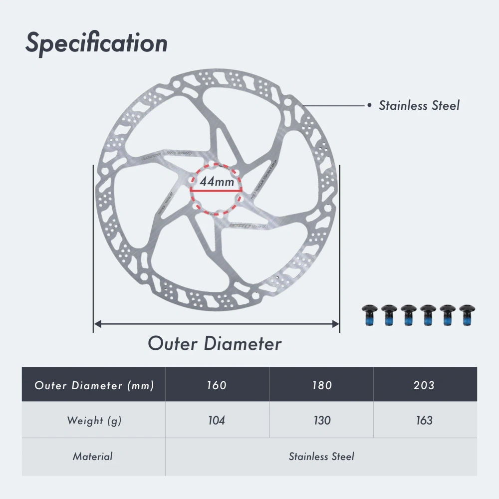 IIIPRO Bike Disc Brake Stainless Steel Rotor 160mm 180mm 203mm for MTB Road Bike Lightweight 6 Bolts G3 Brake Rotor Silver