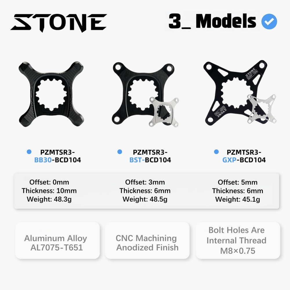 STONE Bike Chainring Spider Adapter 104BCD 3-bolt Direct Mount 0mm 3mm 5mm Offset for SRAM DUB GXP BB30 BOOST 148mm X9 XX1 X0 X01 1x Speed