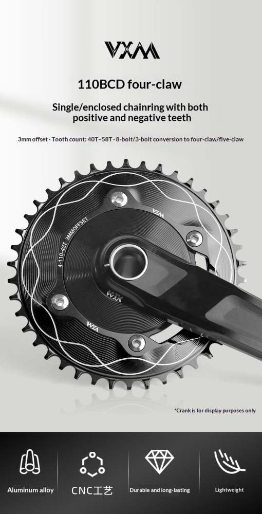 VXM 110 BCD 4-Bolt Narrow Wide Bicycle Chainring, 40T–58T CNC Aluminum Single Speed Chainring with 3mm Offset, Compatible with Shimano Road and Gravel Cranksets