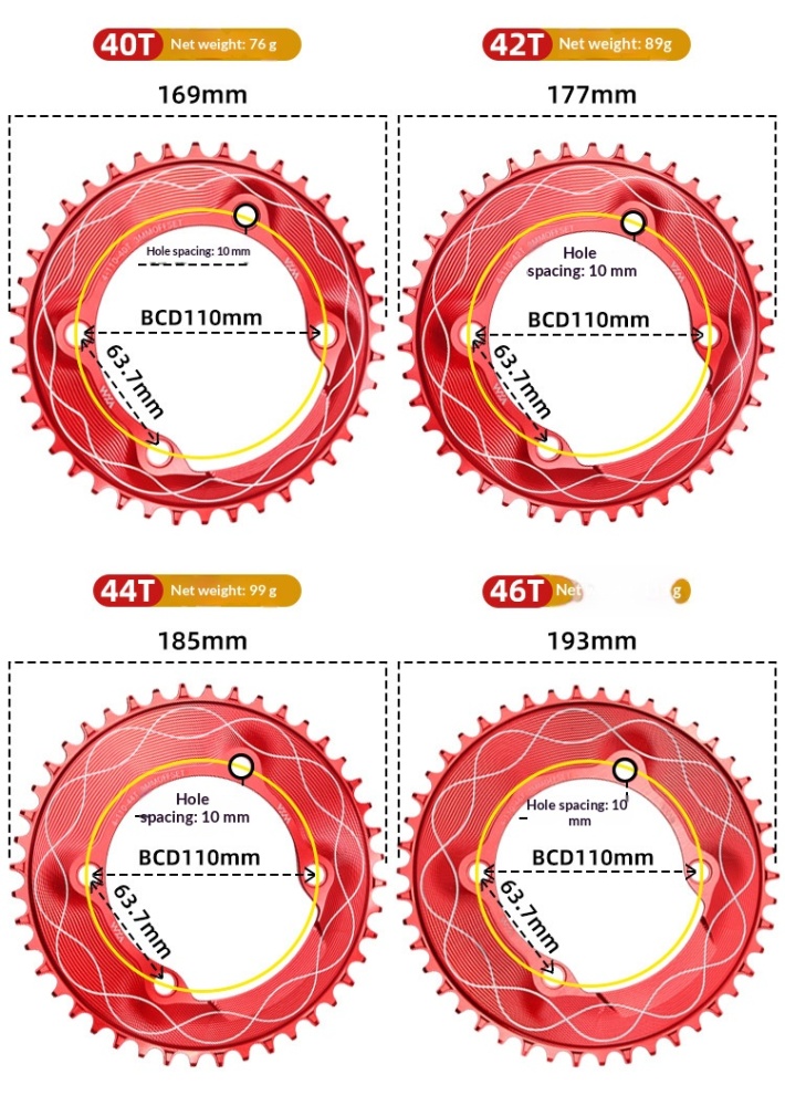 VXM 110 BCD 4-Bolt Narrow Wide Bicycle Chainring, 40T–58T CNC Aluminum Single Speed Chainring with 3mm Offset, Compatible with Shimano Road and Gravel Cranksets