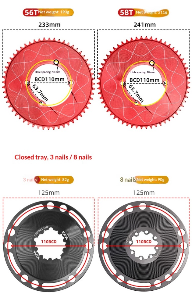 VXM 110 BCD 4-Bolt Narrow Wide Bicycle Chainring, 40T–58T CNC Aluminum Single Speed Chainring with 3mm Offset, Compatible with Shimano Road and Gravel Cranksets