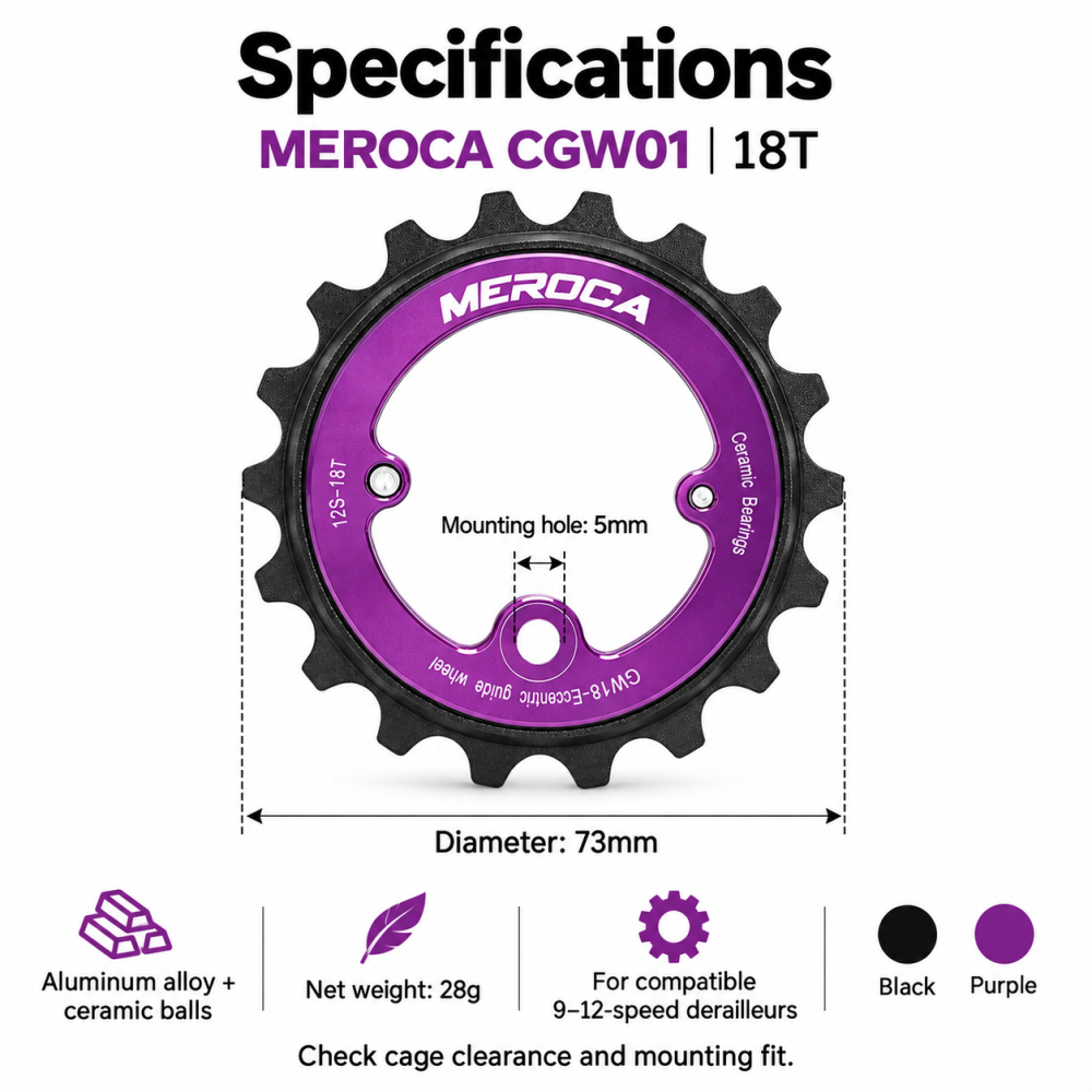 MEROCA 18T Ceramic Bearing Rear Derailleur Pulley – Hollow Eccentric Jockey Wheel, Black or Purple