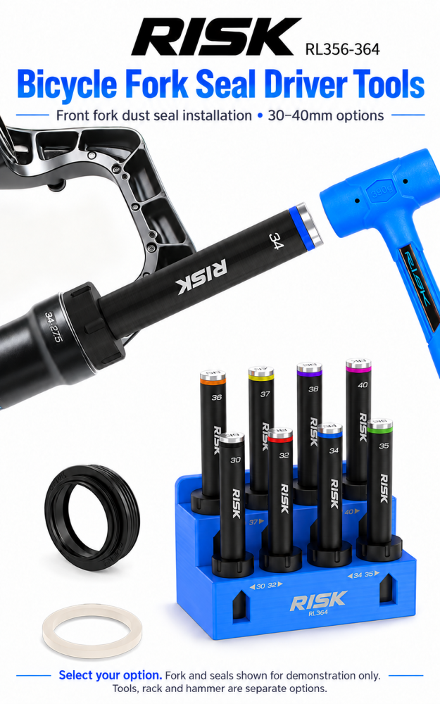 RISK Bicycle Fork Seal Driver Tools for Front Fork Dust Seal Installation – 30–40mm, Storage Rack & Maintenance Hammer Options