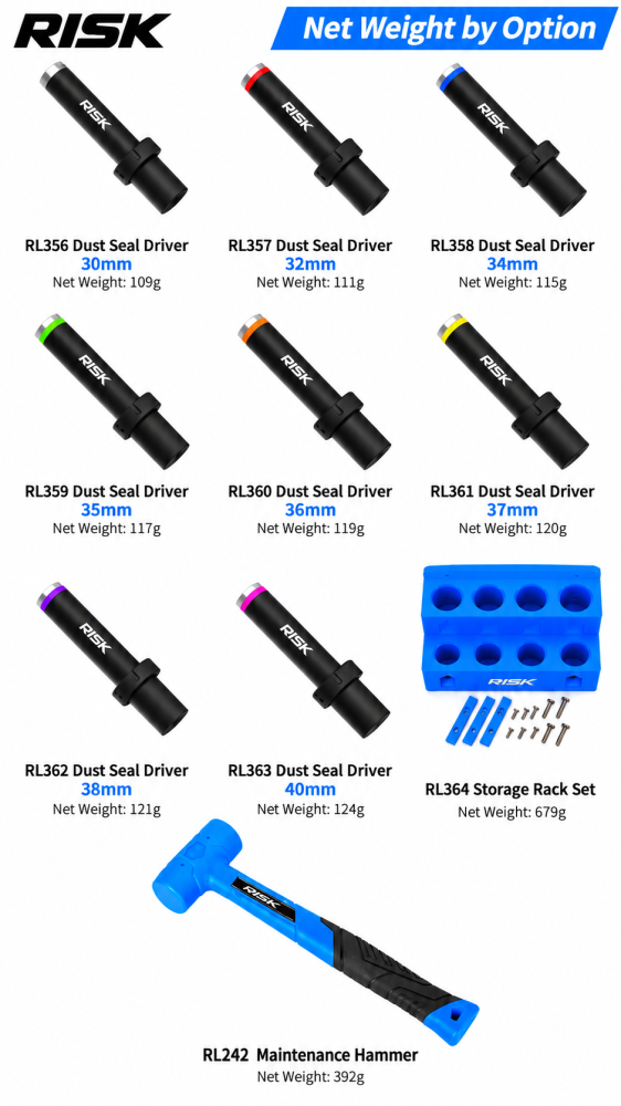 RISK Bicycle Fork Seal Driver Tools for Front Fork Dust Seal Installation – 30–40mm, Storage Rack & Maintenance Hammer Options