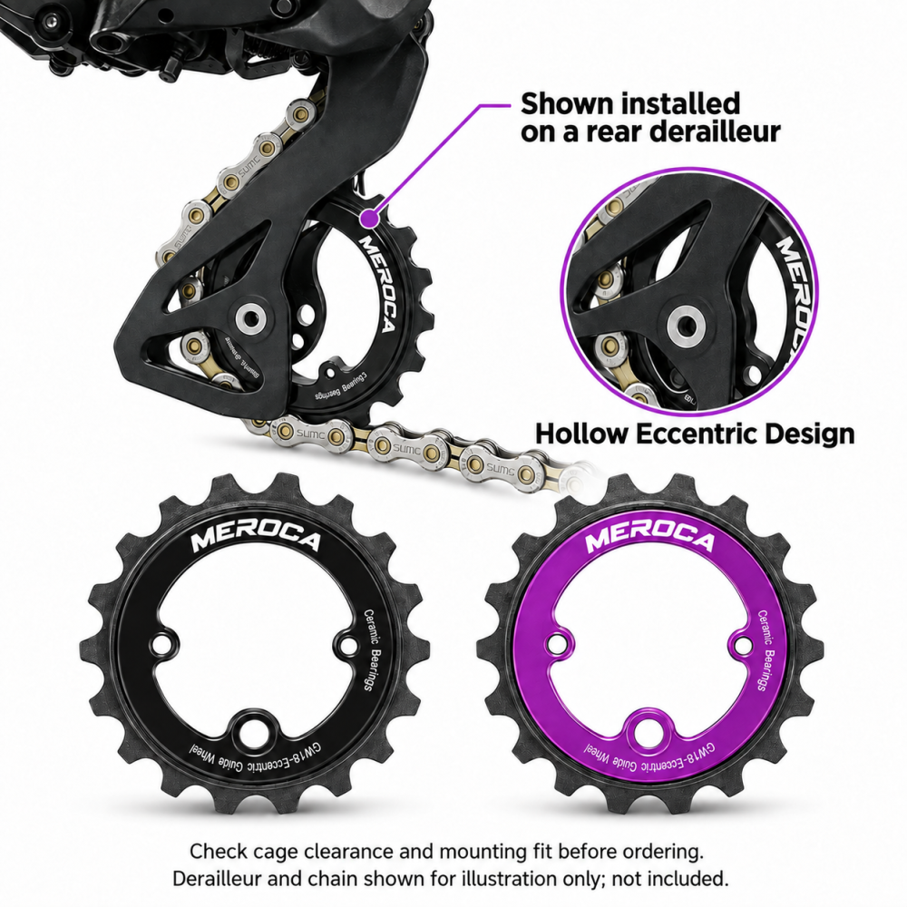 MEROCA 18T Ceramic Bearing Rear Derailleur Pulley – Hollow Eccentric Jockey Wheel, Black or Purple