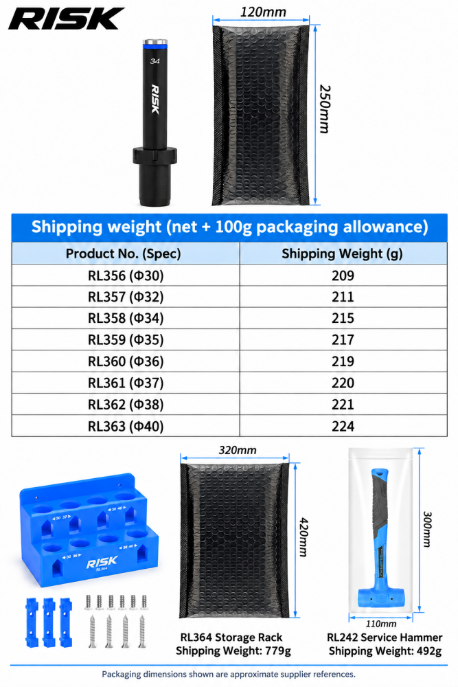 RISK Bicycle Fork Seal Driver Tools for Front Fork Dust Seal Installation – 30–40mm, Storage Rack & Maintenance Hammer Options
