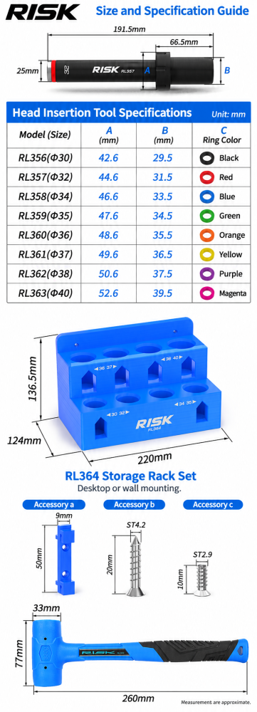 RISK Bicycle Fork Seal Driver Tools for Front Fork Dust Seal Installation – 30–40mm, Storage Rack & Maintenance Hammer Options