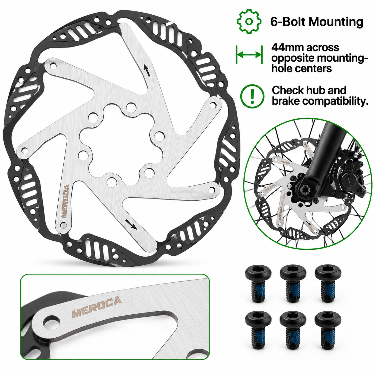 MEROCA 6-Bolt Cooling Disc Brake Rotor &ndash; Standard 160/180mm & Luminous 160mm, Mounting Bolts Included - mounting