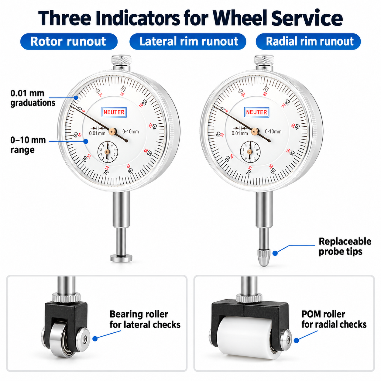 TOOPRE TL-3.2 Bicycle Wheel Truing Stand with 3 Dial Indicators, 16&ndash;29 Inch Wheels and 57&ndash;220mm Hubs - stand-dials