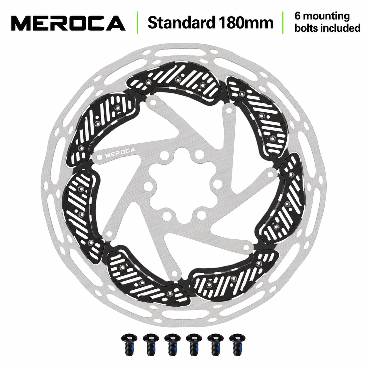 MEROCA 6-Bolt Cooling Disc Brake Rotor &ndash; Standard 160/180mm & Luminous 160mm, Mounting Bolts Included - STANDARD-180