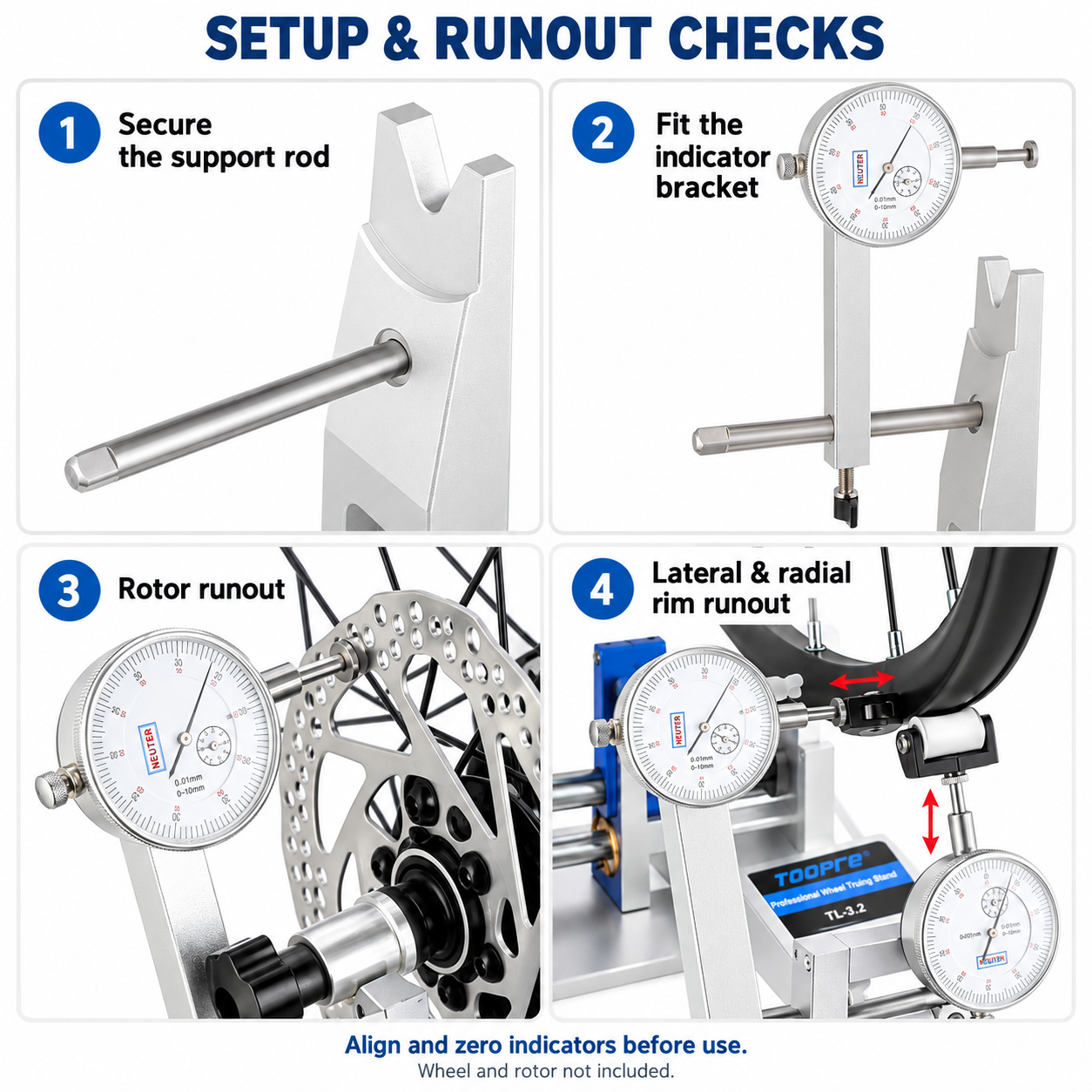 TOOPRE TL-3.2 Bicycle Wheel Truing Stand with 3 Dial Indicators, 16&ndash;29 Inch Wheels and 57&ndash;220mm Hubs - stand-usage