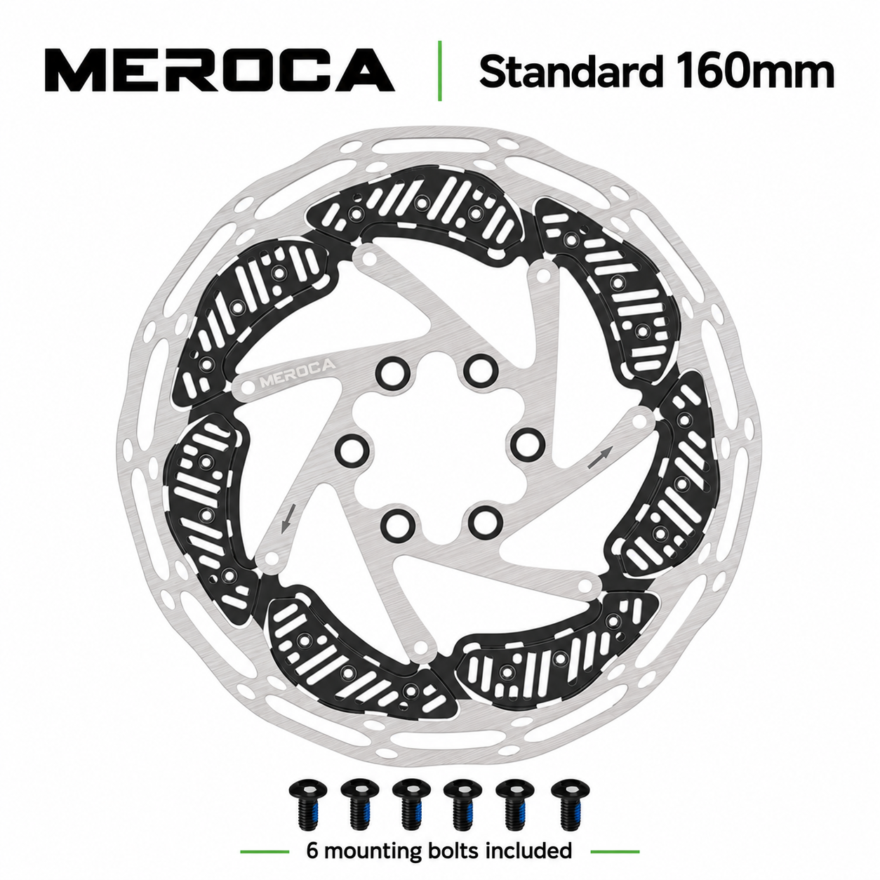 MEROCA 6-Bolt Cooling Disc Brake Rotor &ndash; Standard 160/180mm & Luminous 160mm, Mounting Bolts Included - STANDARD-160