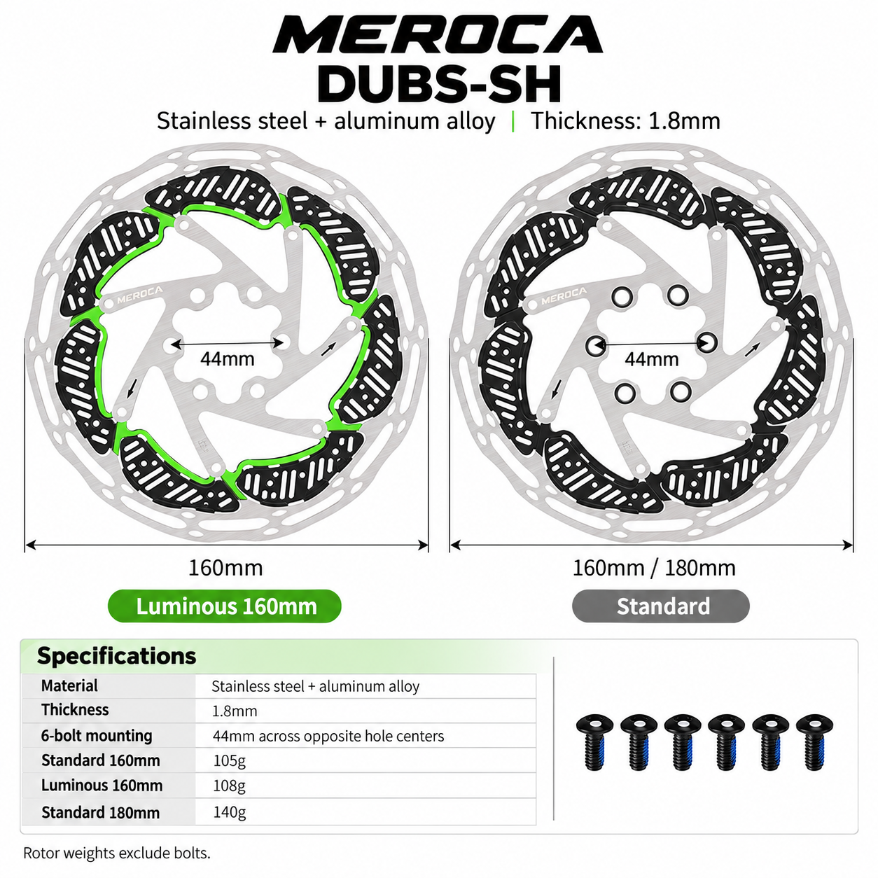 MEROCA 6-Bolt Cooling Disc Brake Rotor &ndash; Standard 160/180mm & Luminous 160mm, Mounting Bolts Included - specifications