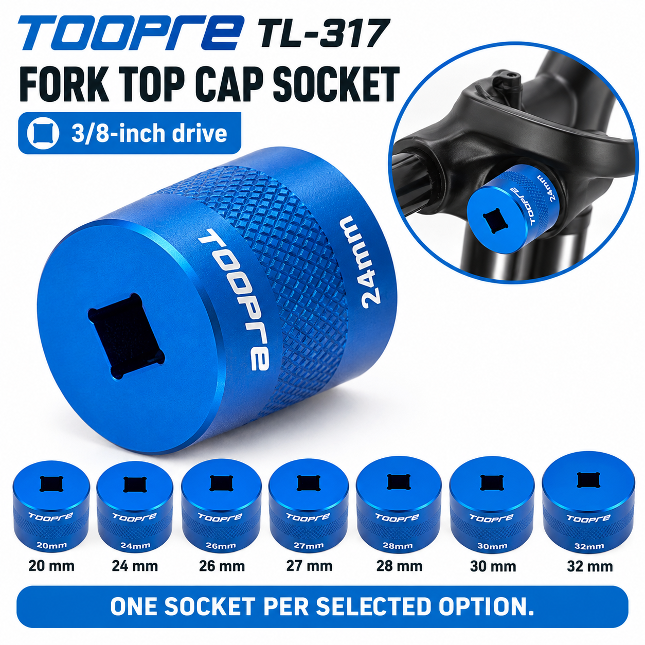 TOOPRE TL-317 Suspension Fork Top Cap Socket, 3/8-Inch Drive CNC Aluminum Tool, 20&ndash;32mm Options - hero