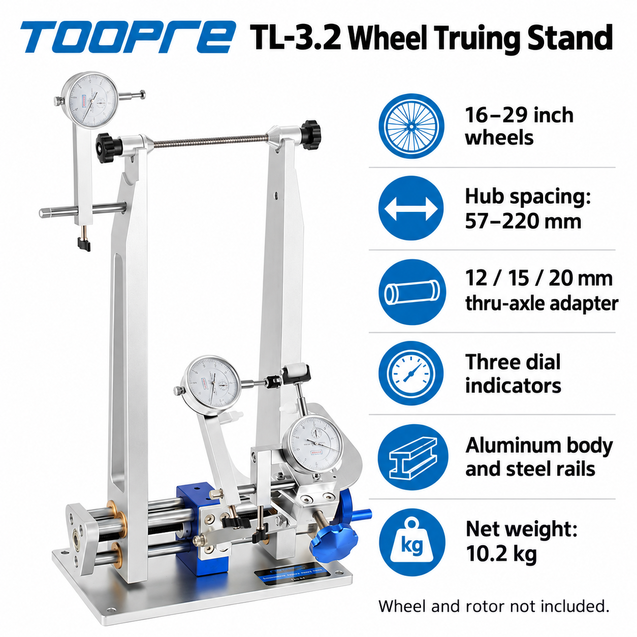 TOOPRE TL-3.2 Bicycle Wheel Truing Stand with 3 Dial Indicators, 16&ndash;29 Inch Wheels and 57&ndash;220mm Hubs - stand-specs