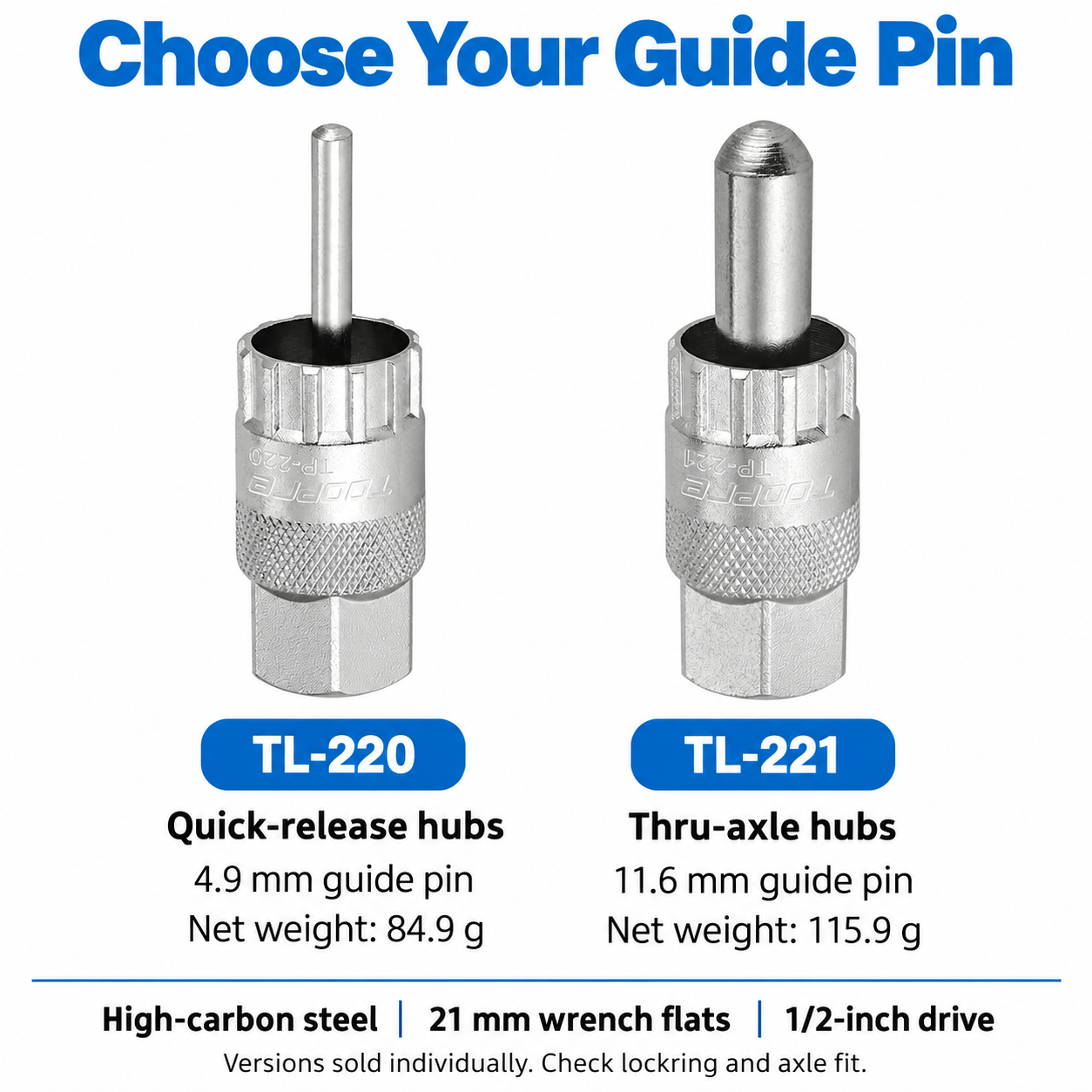 TOOPRE Cassette Lockring Removal Tool with Guide Pin, TL-220 Quick-Release or TL-221 Thru-Axle - cassette-specs