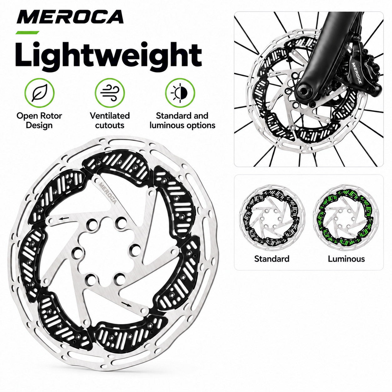 MEROCA 6-Bolt Cooling Disc Brake Rotor &ndash; Standard 160/180mm & Luminous 160mm, Mounting Bolts Included - lightweight