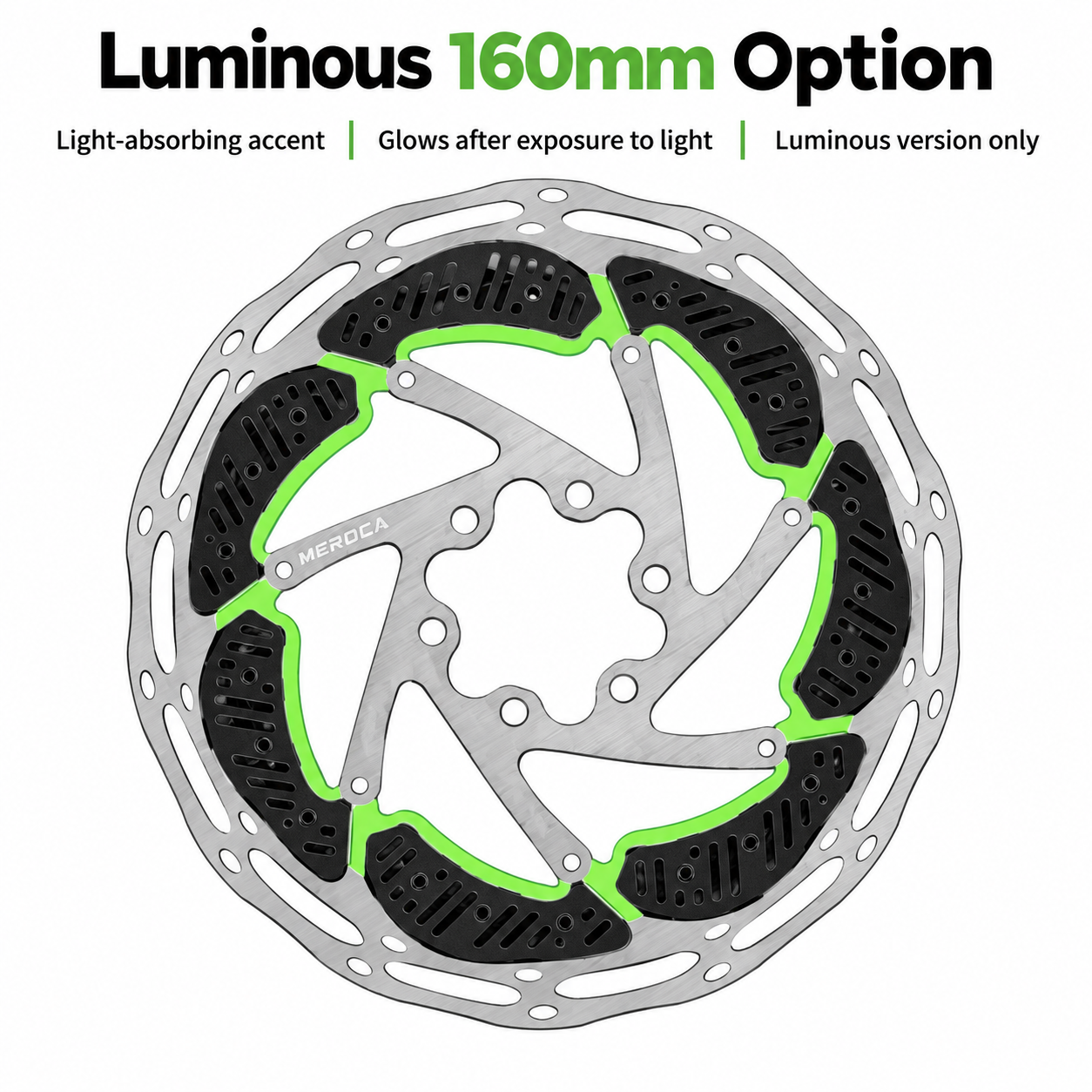 MEROCA 6-Bolt Cooling Disc Brake Rotor &ndash; Standard 160/180mm & Luminous 160mm, Mounting Bolts Included - luminous