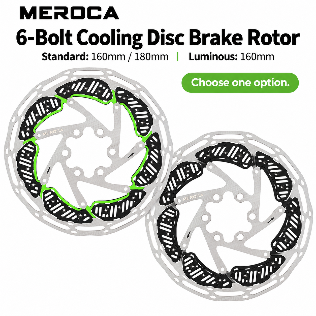 MEROCA 6-Bolt Cooling Disc Brake Rotor &ndash; Standard 160/180mm & Luminous 160mm, Mounting Bolts Included - hero
