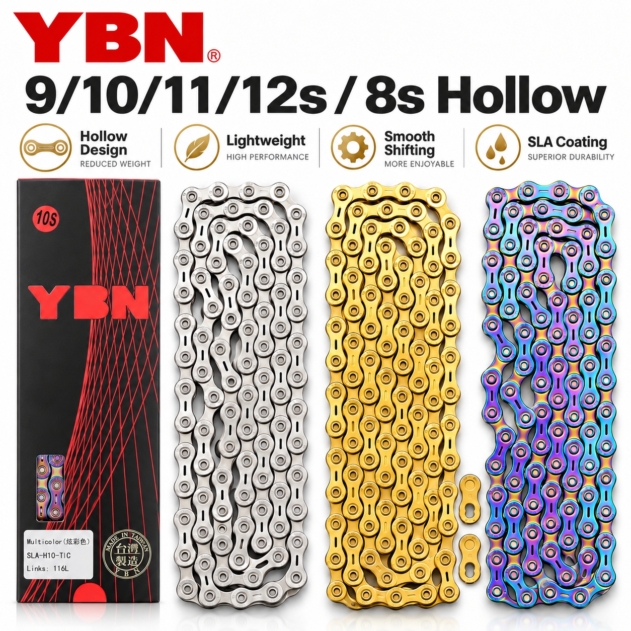 YBN Bike Chain 6/7/8/9/10/11/12-speed SLA Bicycle Chain for Shimano for SRAM MTB Road Gravel Silver Black Gold Oil Slick
