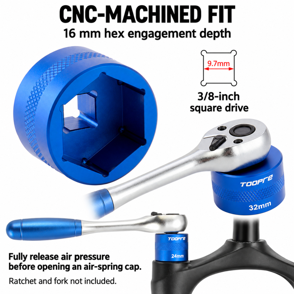TOOPRE TL-317 Suspension Fork Top Cap Socket, 3/8-Inch Drive CNC Aluminum Tool, 20–32mm Options