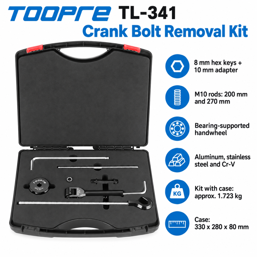 TOOPRE TL-341 Crank Bolt Removal Tool Kit, Controlled-Leverage 8mm and 10mm Hex Tool with Storage Case