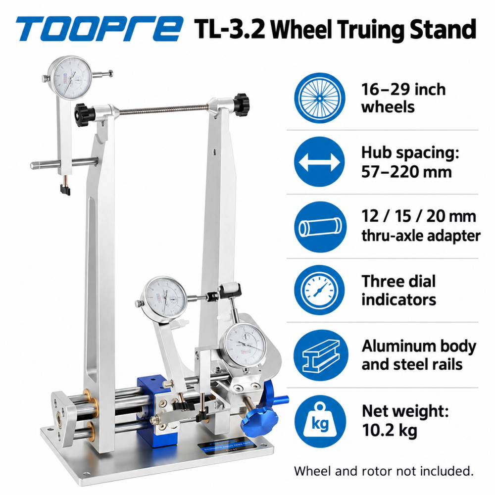 TOOPRE TL-3.2 Bicycle Wheel Truing Stand with 3 Dial Indicators, 16–29 Inch Wheels and 57–220mm Hubs