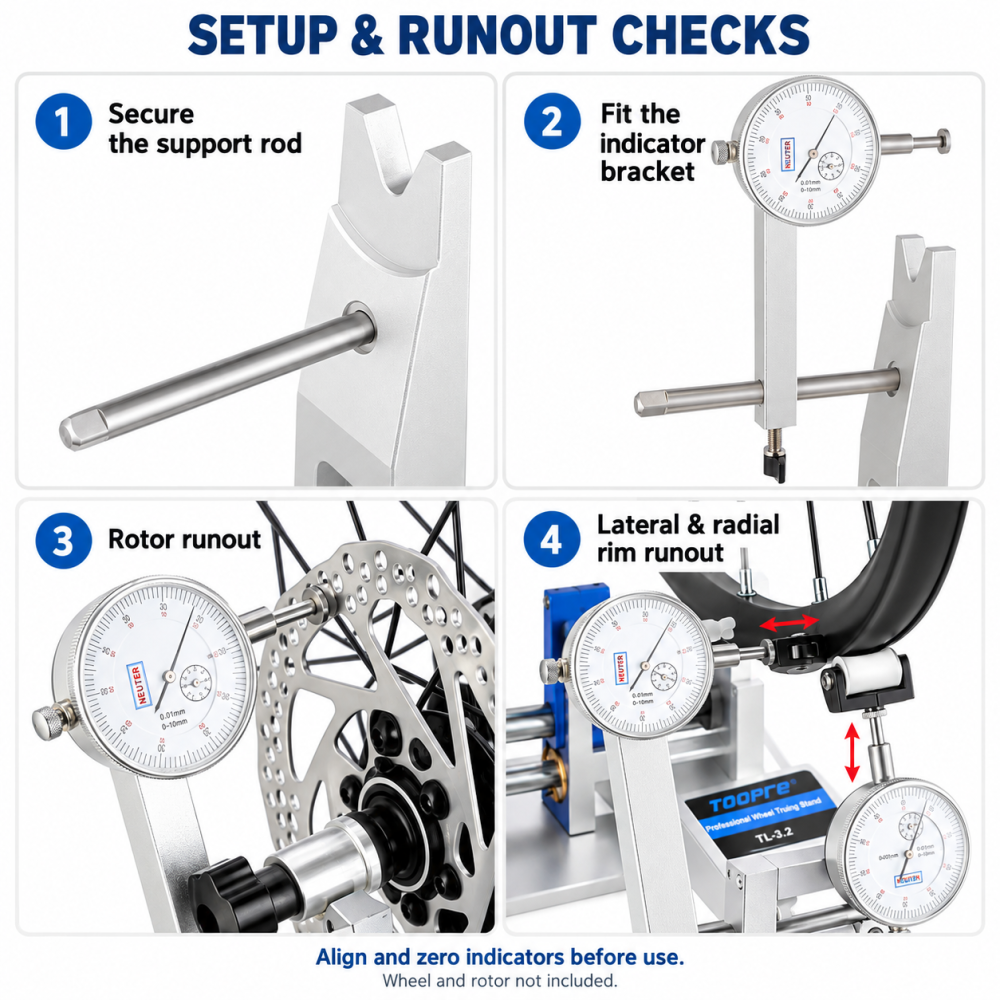 TOOPRE TL-3.2 Bicycle Wheel Truing Stand with 3 Dial Indicators, 16–29 Inch Wheels and 57–220mm Hubs