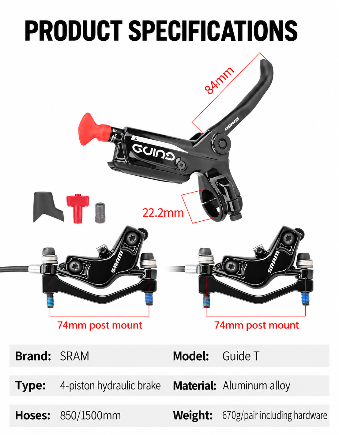SRAM Guide T 4-Piston Hydraulic Disc Brake Pair, 850 / 1500mm Hoses - detail 6