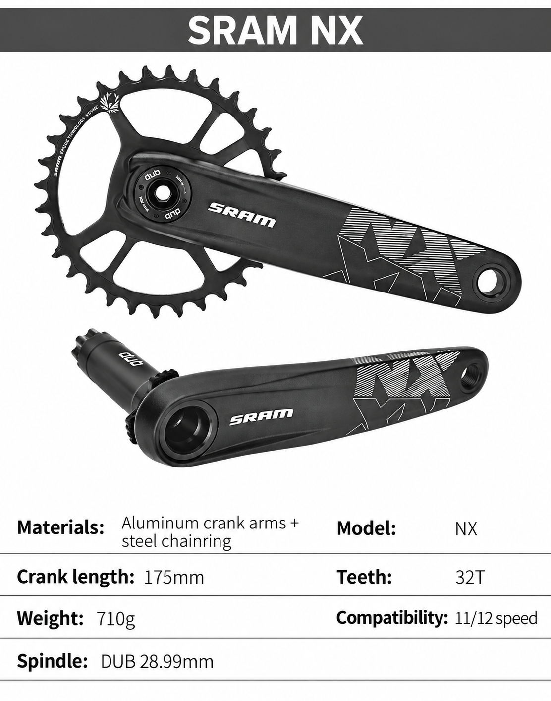 SRAM NX / X1 DUB 175mm MTB Crankset, 32T Steel or 32T / 34T Aluminum Chainring - detail 7