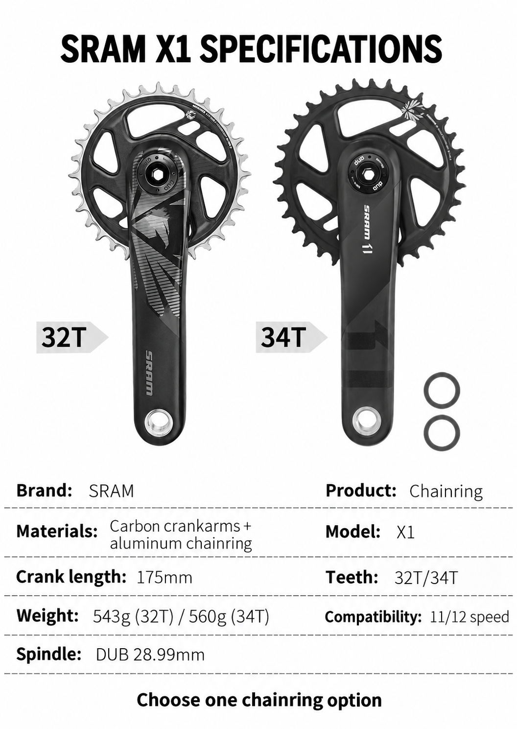 SRAM NX / X1 DUB 175mm MTB Crankset, 32T Steel or 32T / 34T Aluminum Chainring - detail 8