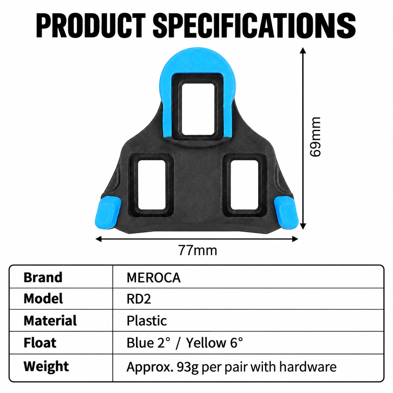 MEROCA RD2 3-Bolt Road Cycling Cleats, Yellow 6&deg; or Blue 2&deg; Float, Pair with Hardware - detail 9
