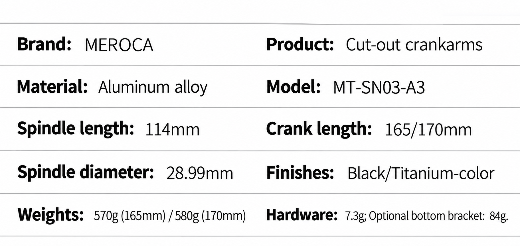 MEROCA MT-SN03-A3 8-Bolt Direct Mount Crank Arms, 165 / 170mm, 28.99mm Spindle - detail 14