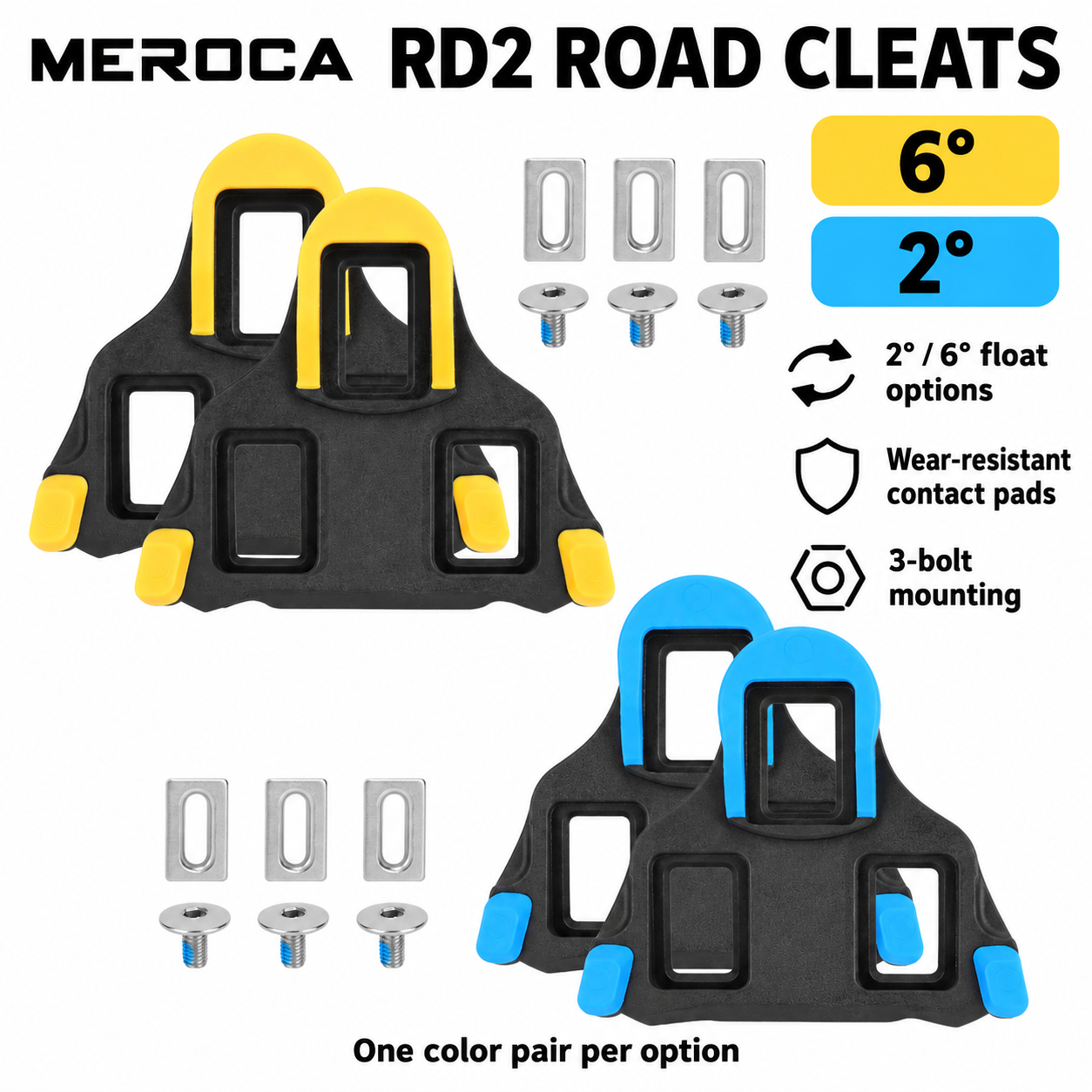 MEROCA RD2 3-Bolt Road Cycling Cleats, Yellow 6&deg; or Blue 2&deg; Float, Pair with Hardware - detail 1