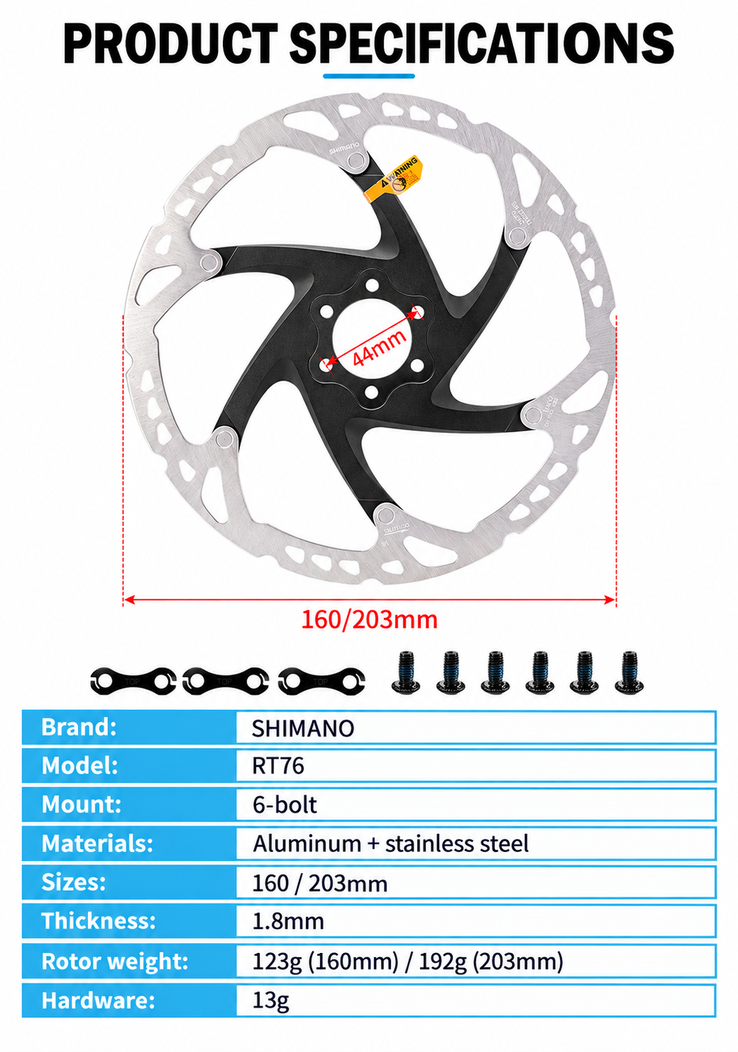 SHIMANO RT76 6-Bolt Disc Brake Rotor, 160mm / 203mm with Mounting Hardware - detail 7