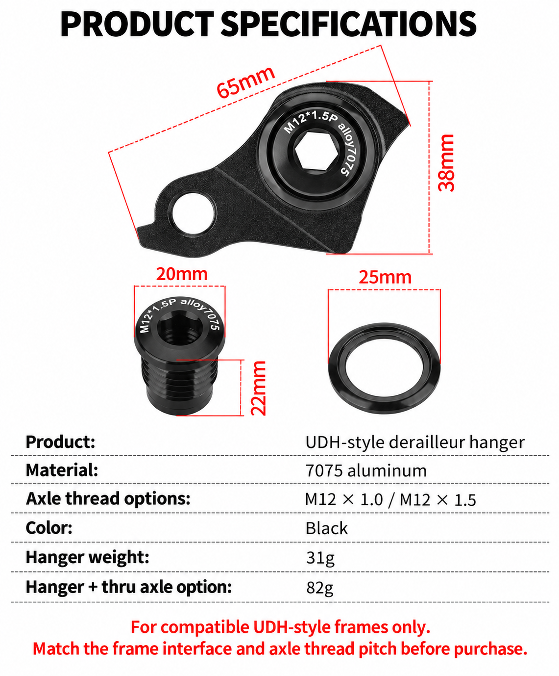 UDH-Style 7075 Aluminum Derailleur Hanger, M12 1.0 / 1.5mm Pitch or Hanger with Thru Axle - detail 10