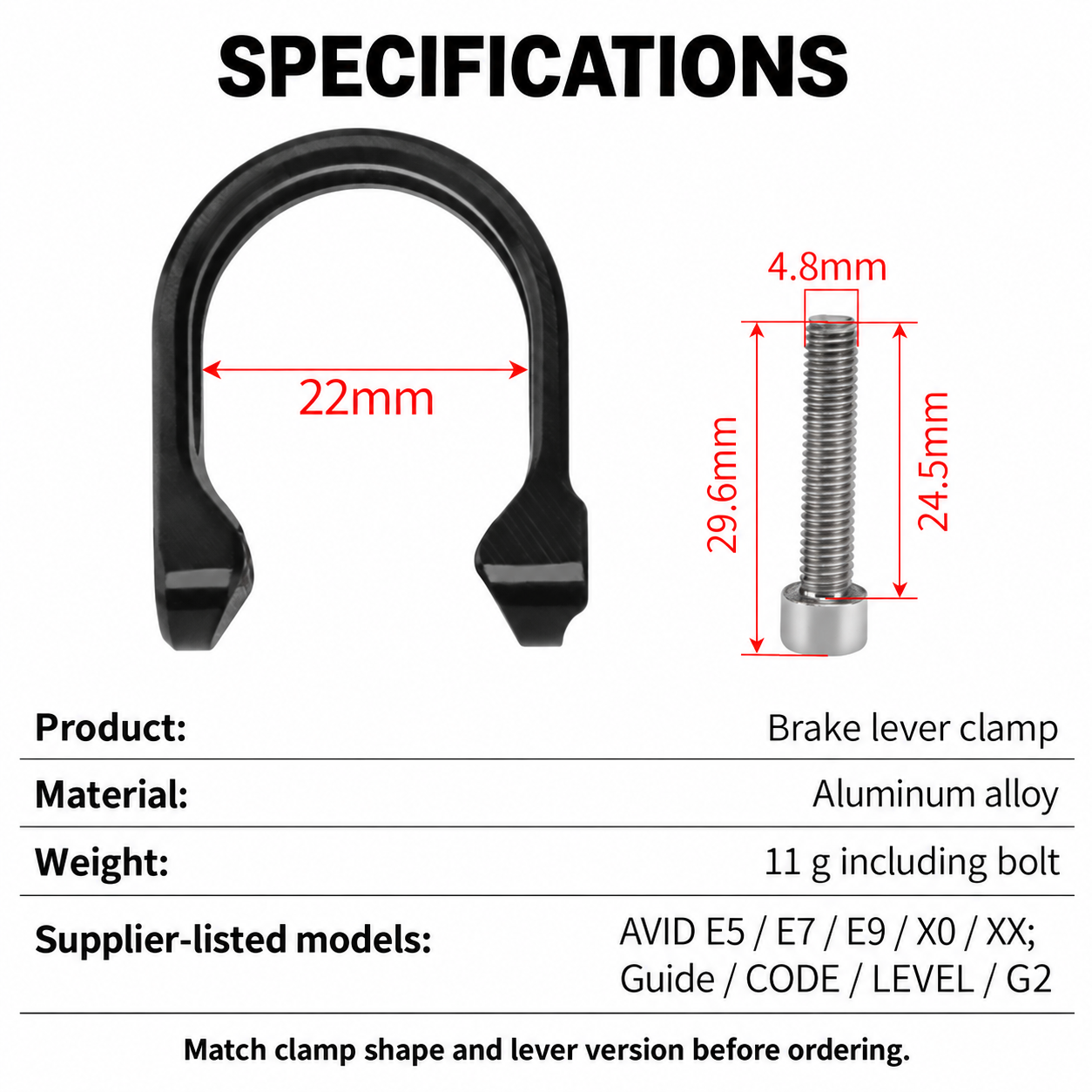 Aluminum Brake Lever Clamp with Bolt for Compatible SRAM / AVID Levers, 11g - detail 8