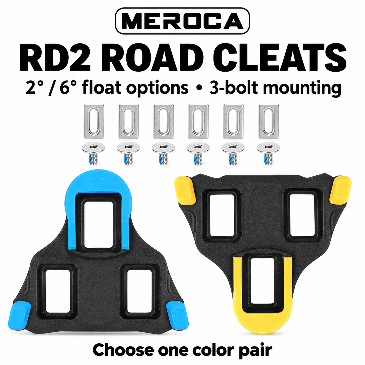 MEROCA RD2 3-Bolt Road Cycling Cleats, Yellow 6&deg; or Blue 2&deg; Float, Pair with Hardware - detail 8
