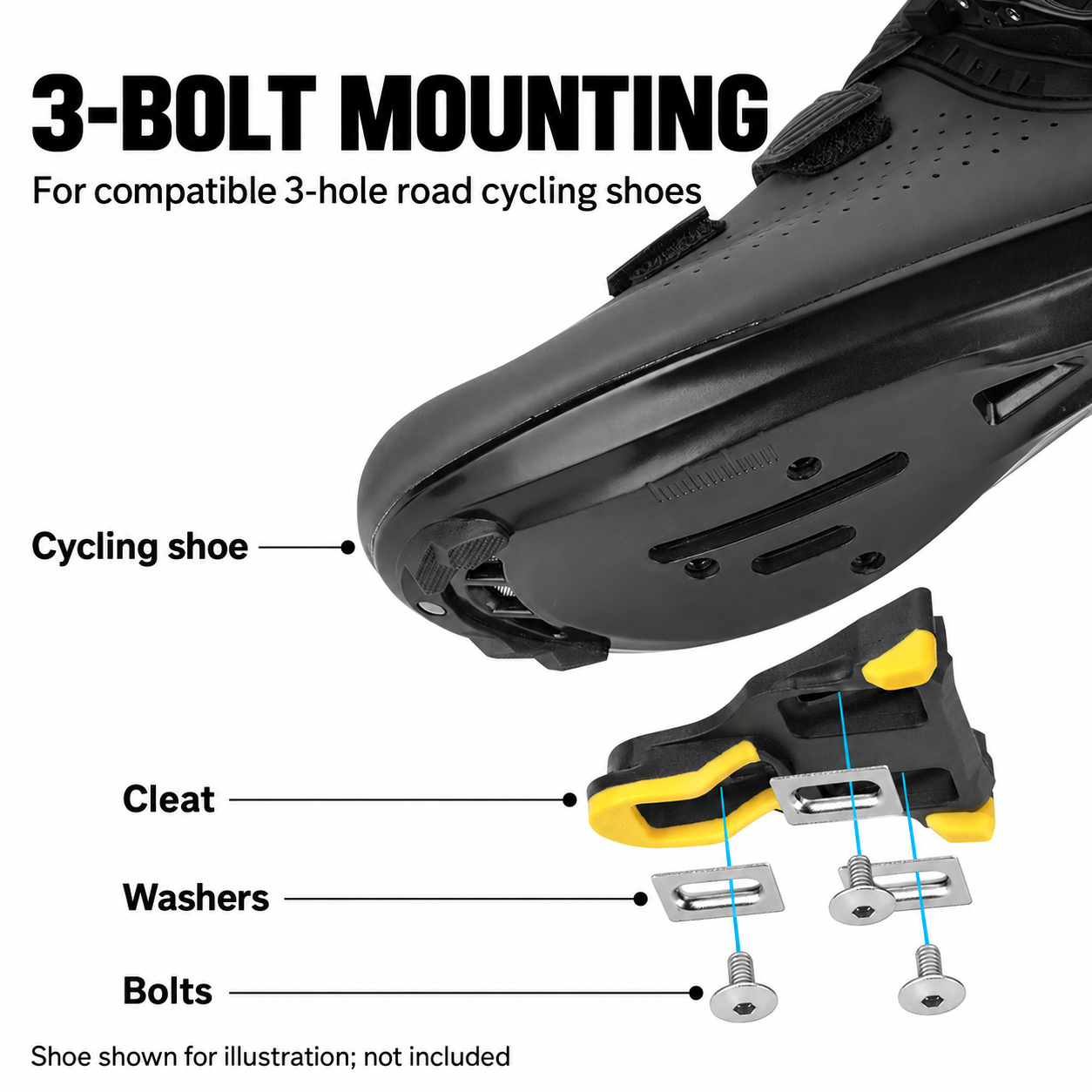 MEROCA RD2 3-Bolt Road Cycling Cleats, Yellow 6&deg; or Blue 2&deg; Float, Pair with Hardware - detail 2