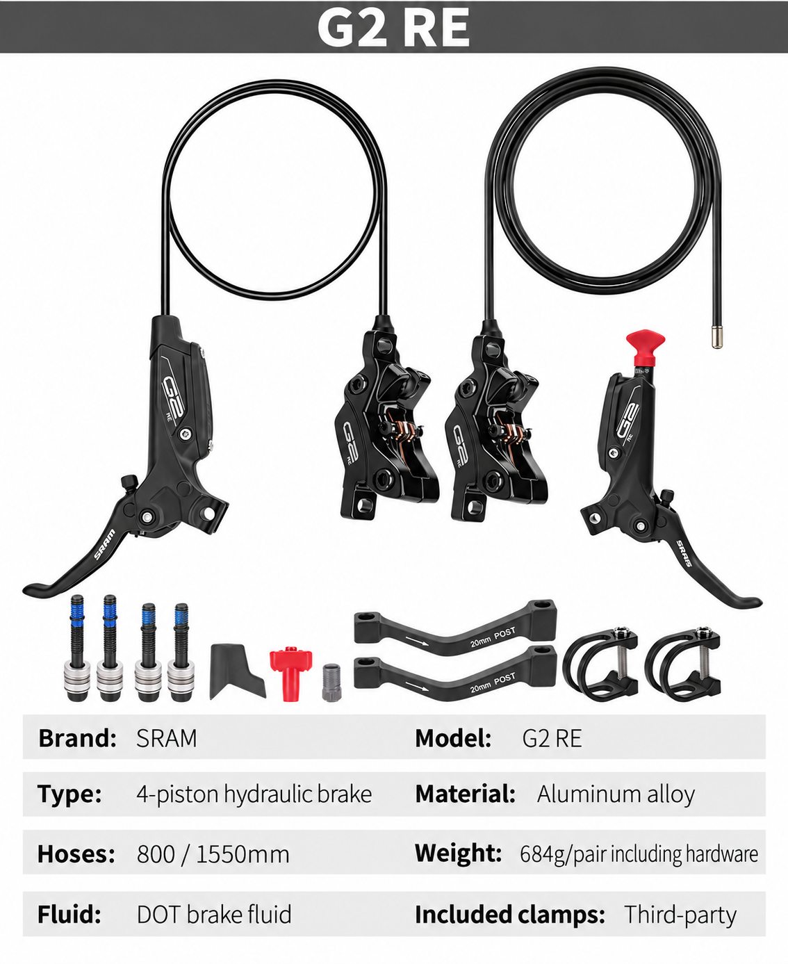 SRAM DB8 / G2 R / G2 RE 4-Piston Hydraulic Disc Brake Pair, Model and Hose Options - detail 10
