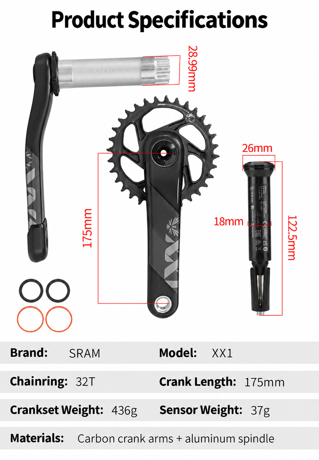 SRAM XX1 175mm 32T Carbon Crankset, Crankset with AXS Sensor or Sensor Only - detail 9