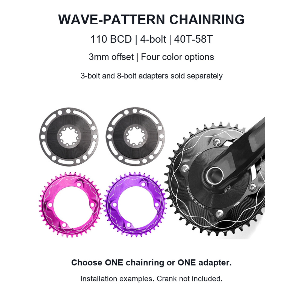 110BCD 4-Bolt Wave-Pattern Narrow-Wide Chainring, 40T-58T, 3mm Offset; 3 / 8-Bolt Adapter Options