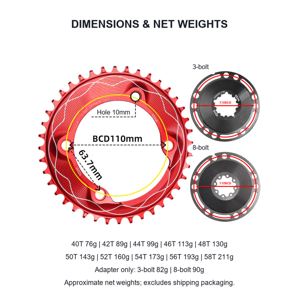 110BCD 4-Bolt Wave-Pattern Narrow-Wide Chainring, 40T-58T, 3mm Offset; 3 / 8-Bolt Adapter Options