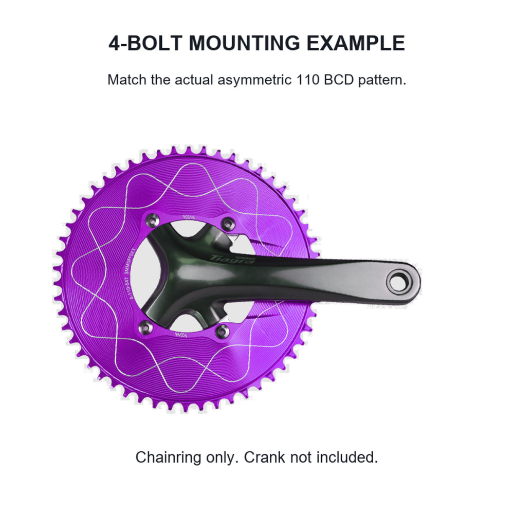 110BCD 4-Bolt Wave-Pattern Narrow-Wide Chainring, 40T-58T, 3mm Offset; 3 / 8-Bolt Adapter Options